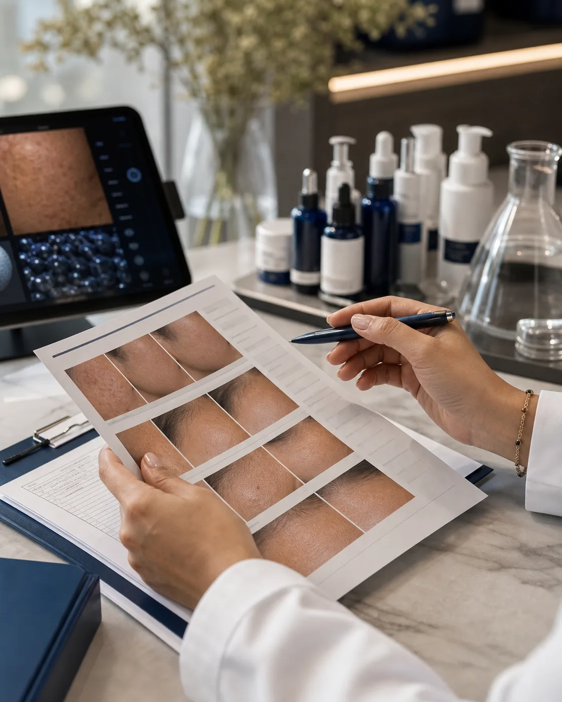 Clarte MD protocol review with skin-analysis imagery and clinical skincare bottles