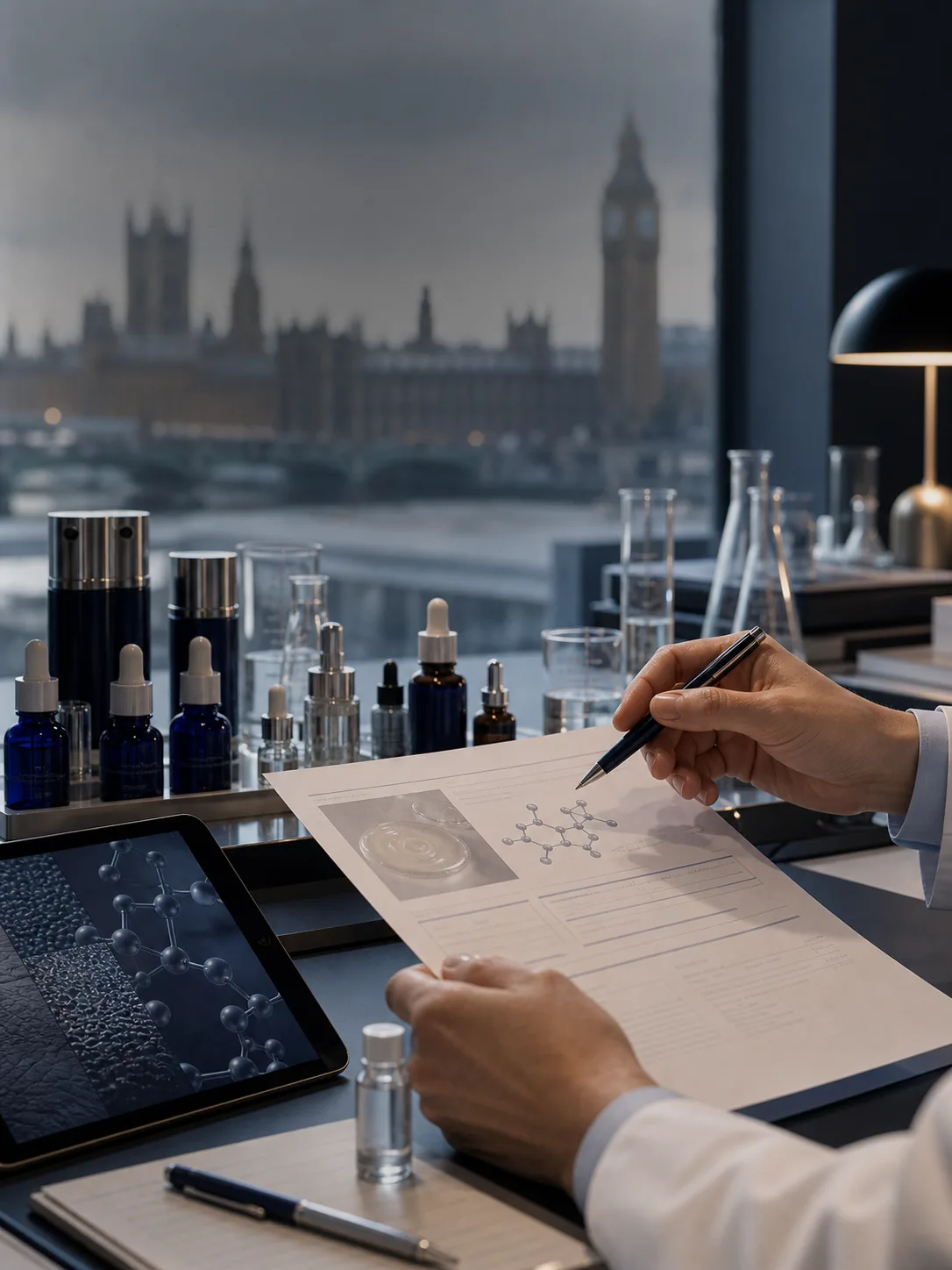 Clarte MD London formulation review desk with skincare vials